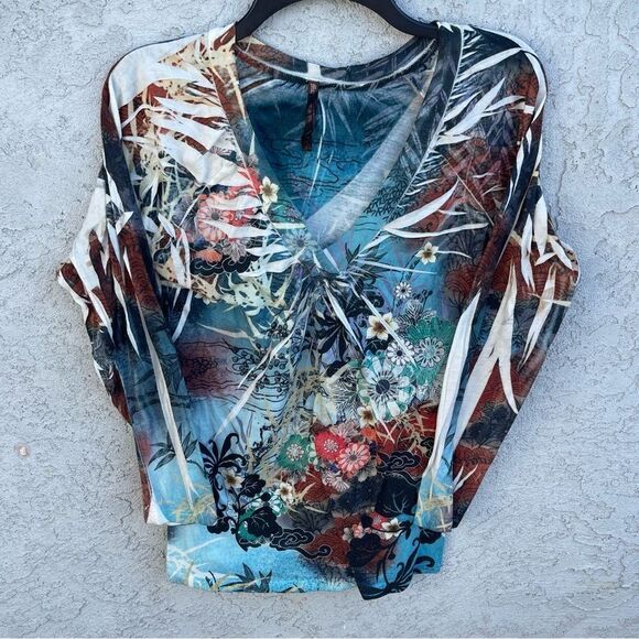 Sienna Rose Size Large - Boho Fairy Y2K Top Deep V-Neck Japanese Floral Print - Picture 1 of 6